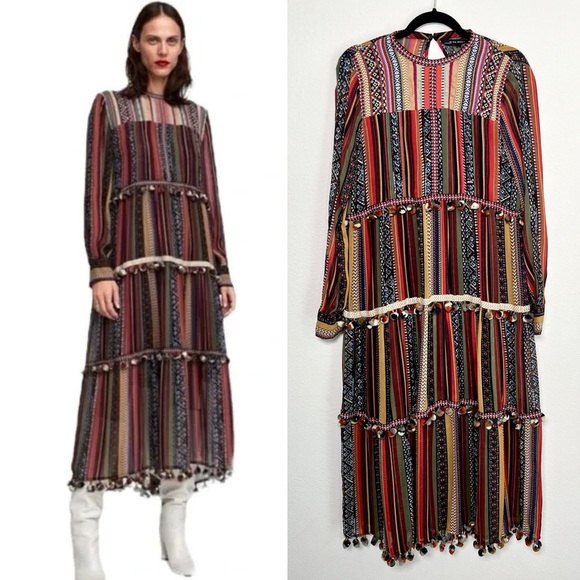 Zara Dresses & Skirts - Zara Striped Pom Pom Festival Dress Size Small